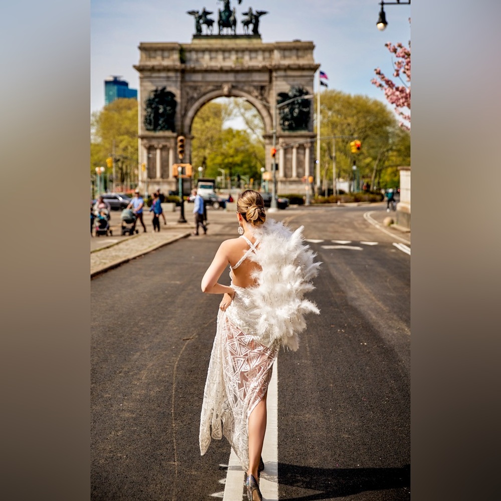 Exclusive Wedding dress, White beaded Wedding gown Wedding dress with feathers,